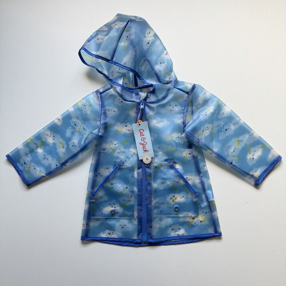 Cat & Jack Toddler Rain Jacket 12M Blue Cloud Hooded Waterproof NWT